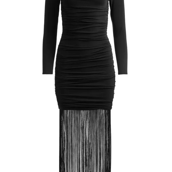 Alice + Olivia Katherina Ruched Jersey Maxi Dress With Fringe M